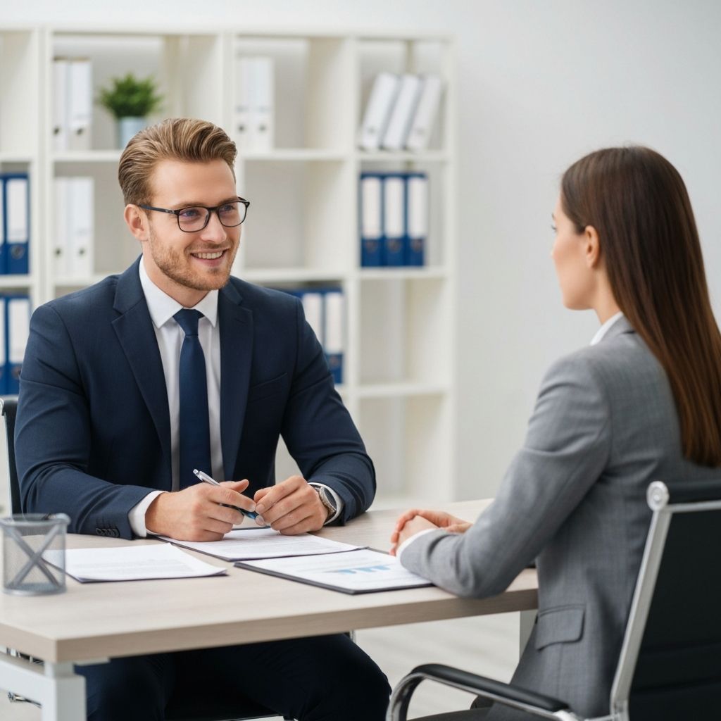 Colloquio professionale tra intervistatore e candidato in ufficio moderno