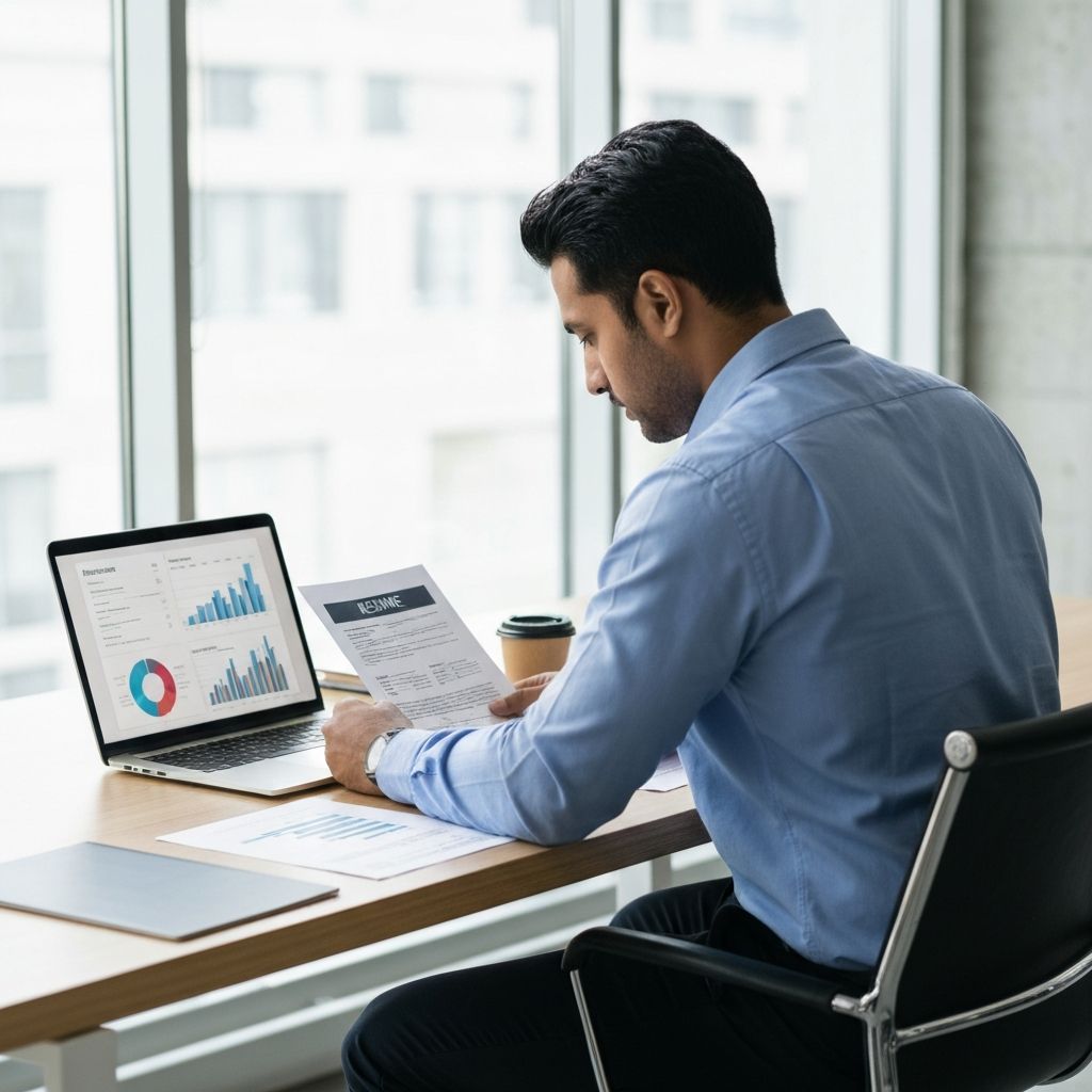 Professionista che esamina documenti HR su scrivania ordinata