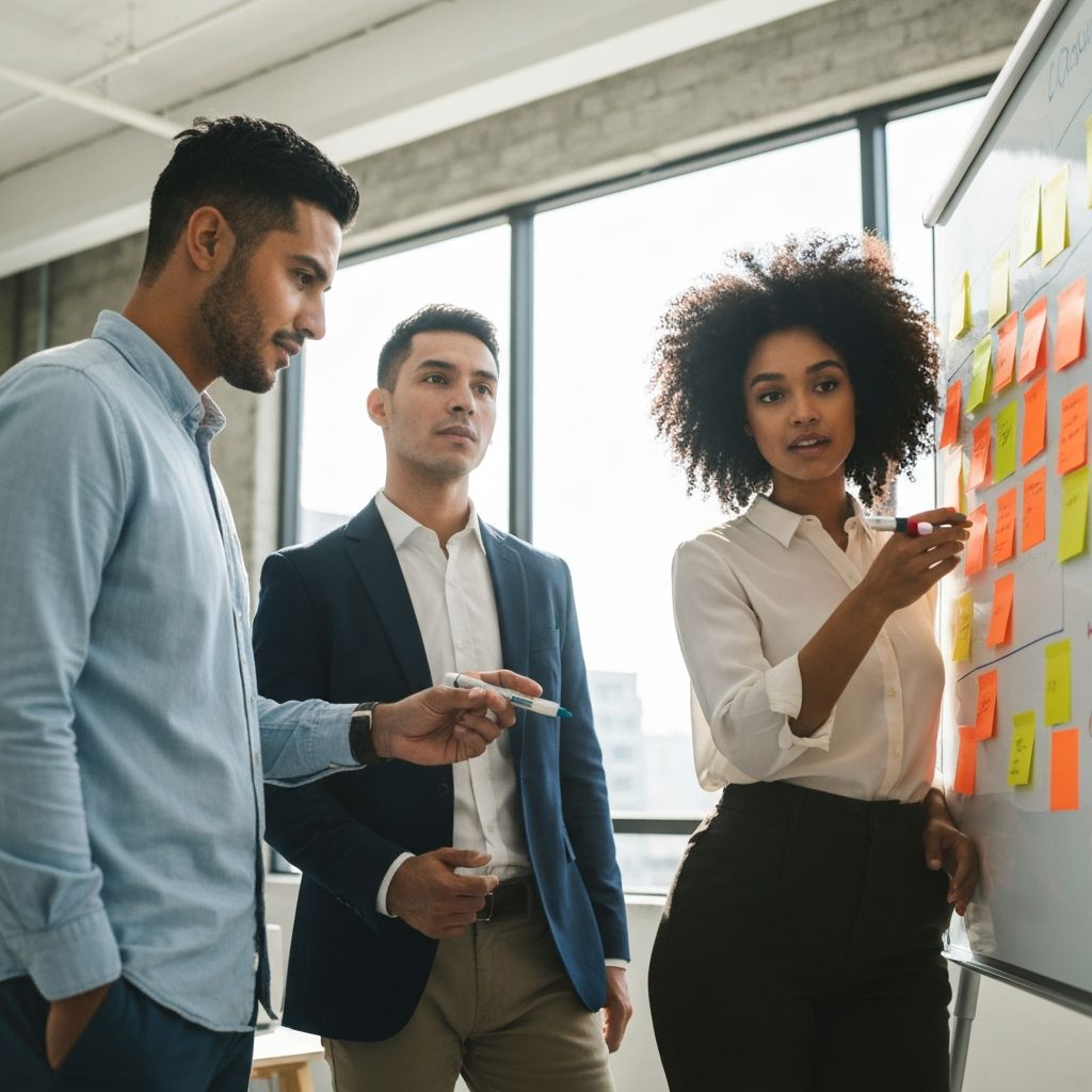 Team professionale che lavora su strategia con lavagna