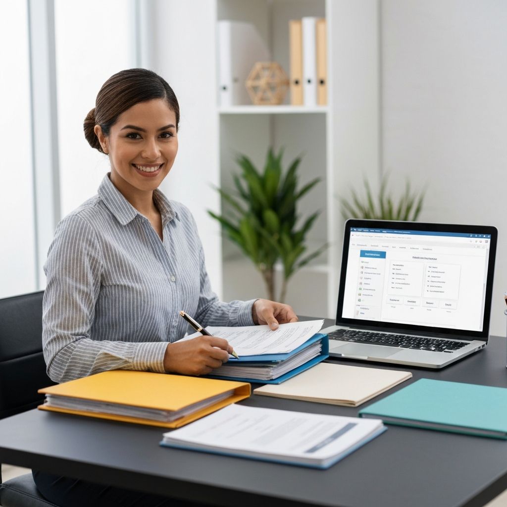 Scrivania HR con documenti organizzati e laptop per gestione candidature